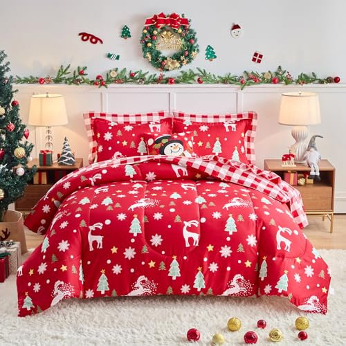 Joyreap 3-teiliges Weihnachts-Bettwäsche-Set, Weihnachtsmotiv, rotes Rentier, Baum, Schneeflocken-Design, weiche Mikrofaser, für alle Jahreszeiten, Kingsize, 223,5 x 254 cm