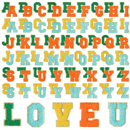 Morcheiong 104Pcs Self Adhesive Chenille Letter Patches Chenille Letters, Letter Patches for Clothing Fabric (Blue, Orange, Yellow, Dark Green)