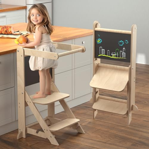 Zupemo Faltbarer Lernturm für Kleinkinder, höhenverstellbar, Montessori-Küchen-Tritthocker für Kinder, mit Sicherheitsschiene und Kreidetafel für Küche und Bad, Naturholz