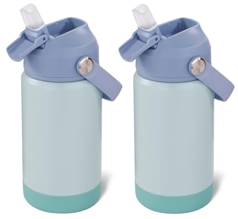 Fijinhom 360ml/12oz Kids Water Bottle for School, Toddler Cup with Straw & Handle, 304 Stainless Steel Insulated Water Bottle, Non-Slip Silicone Base, BPA Free,Haze Blue*2