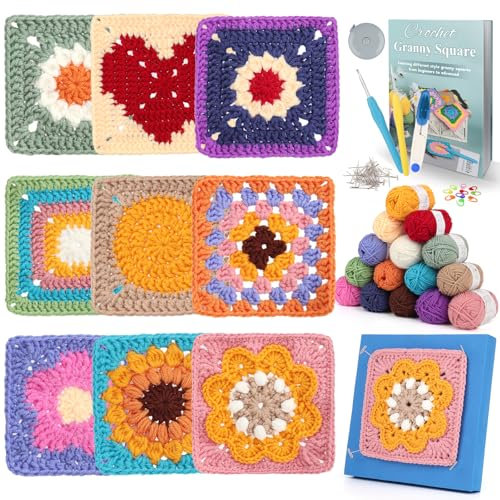 Coopay Häkelset für Anfänger, 9-in-1 Granny Squares Häkel Set mit Schritt-für-Schritt Anleitung und Garn, Komplettes Häkelset für Granny Squares, DIY Häkel Set für Granny Square mit Häkelnadel