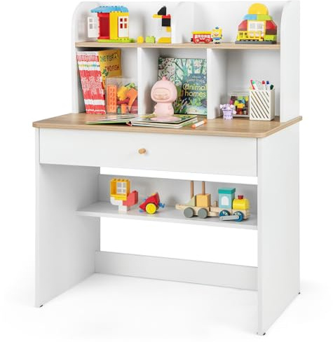 COSTWAY Kids Desk, Wooden Children Study Table with Hutch, Drawer, Storage Shelf, School Students Workstation for Studying, Reading and Drawing, White
