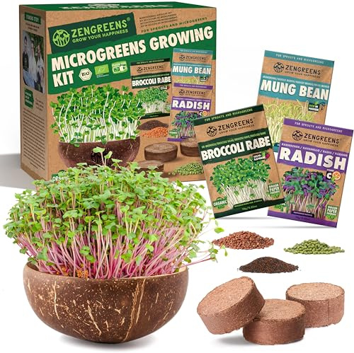 zengreens® - Bio Microgreens Anzuchtset – Starter Set mit Keimschale – Enthält Kokosnuss Anzuchtschale, Kokos Quelltabletten und Sprossensamen (Brokkoli, Radieschen & Mungbohne)