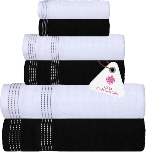 Casa Copenhagen Elegance 6-teiliges Handtuchset, Schwarz + Weiss, 550 g/m², 2 Badetücher, 2 Handtücher, 2 Waschlappen aus weicher ägyptischer Baumwolle für Badezimmer, Küche und Dusche