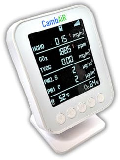 CambAiR Smart Air Alert S6 is a WiFi-connected 6-in-1 Indoor Air Quality Monitor with formaldehyde, volatile organic compounds, carbon dioxide, particulate matter, temperature and humidity sensors
