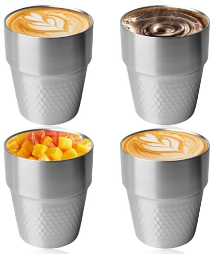 LEKEFETO 4er Set 300ml Edelstahlbecher, Doppelwandig Isoliert, Stapelbar, Diamantmuster, Silber - Ideal für Haushalt, Bar, Restaurant
