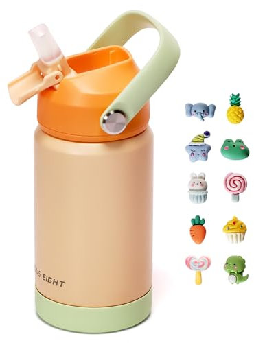 pluseight Kids Insulated Water Bottle with Straw Lid, 350ml BPA-Free Double Wall Vacuum Tumbler 18/8 Stainless Steel Leak Proof Kids Cups with Straw for School Travel Boys Girls (Light Orange)
