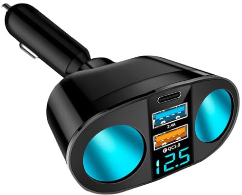 MVCUASF Car Charger Cigarette Lighter USB Socket Cigarette Lighter with LED Voltmeter Adapter QC3.0 & PD Cigarette Lighter 12V/24V Car USB Charger Splitter Fast Charging for Smart Phone GPS Dashcam
