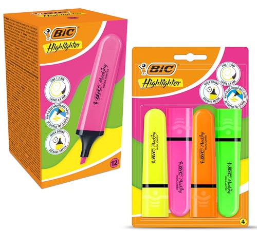 BIC Evidenziatore piatto rosa fluo, confezione da 12 e confezione assortita da 4 pennarelli ad asciugatura rapida, punta a scalpello, inchiostro a base d'acqua, colori fluorescenti brillanti, corpo in