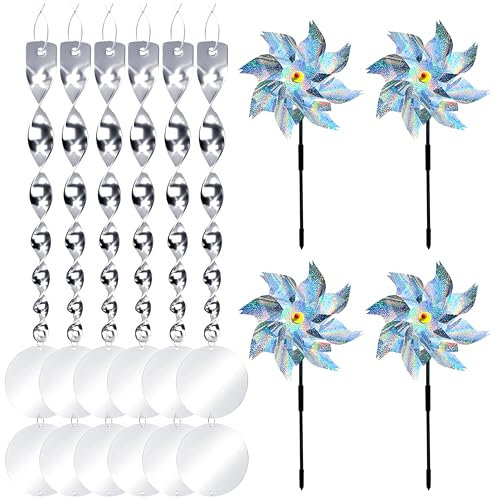 Répulsif anti-pigeons 4 moulins à vent + 6 tiges réfléchissantes pour oiseaux + 12 disques réfléchissants produits dissuasif d'oiseaux, effaroucheur d'oiseaux pour jardins