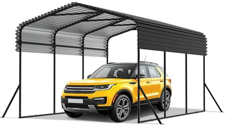 FIVMEN Auvent de voiture en métal - 300 x 450 cm - Avec toit pointu en tôle trapézoïdale stable - Protection solaire et résistant aux intempéries