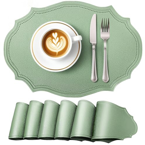 fanquare Grünes Vintage Kunstleder Platzsets 6 Ovale wasserdichte Hitzebeständige Tischsets für Drinnen Draußen Party Küche 43x29,5CM