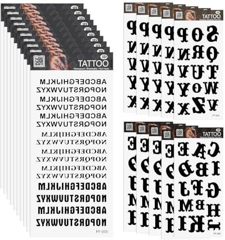 Lot de 20 feuilles de tatouages temporaires - Faux tatouages autocollants réalistes - 5 styles de lettres différents - Tatouages personnalisés - Tatouages personnalisés - Lettres noires - Autocollants
