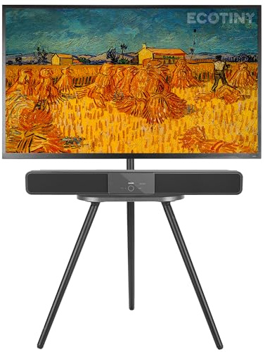 ECOTINY TV Ständer für 43 bis 65 Zoll LCD LED OLED Bildschirm bis zu 35KG | Höhenverstellbar und Schwenkbar Stativ Fernseherständer, TV Staffelei Holz mit Holztablett, Max VESA 400x400mm, Schwarzguss