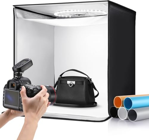 Tellegloww Light Box Photography 24 x 24'' Large Photo Studio Light Box with 224 Adjustable Ring LED Strip, 5 Color Backdrops, Diffuser Photo Booth Machine for Professional Shooting Product Tent Kit