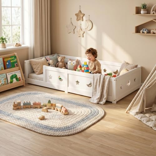 Montessori - Cama de suelo de 90 x 200 cm, con protección anticaída y somier de láminas, diseño de estrellas y luna, cama infantil para niños y niñas, de madera de pino maciza, color blanco (blanco