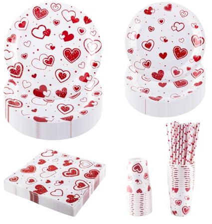 PHUNAT 25-Guests Party Plates Cups and Napkins Set, Includes Heart Paper Plates (7 & 9 inch), Cups, Napkins, Straws, Ideal for Valentine's Day, Wedding, Anniversary, Mother's Day and Celebrations