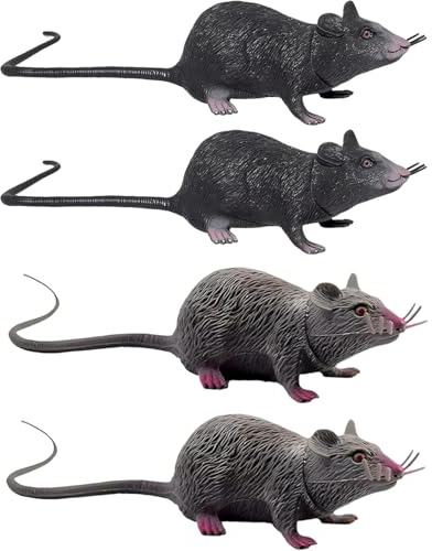 4 Pcs Toy Rat Fake Rat Set, Halloween Prank Props, Grey and Black | Fake Rat Toy Set, Perfect for Halloween Pranks, Adult Pranks, Office Pranks, Haunted House Decor, and Social Media Content