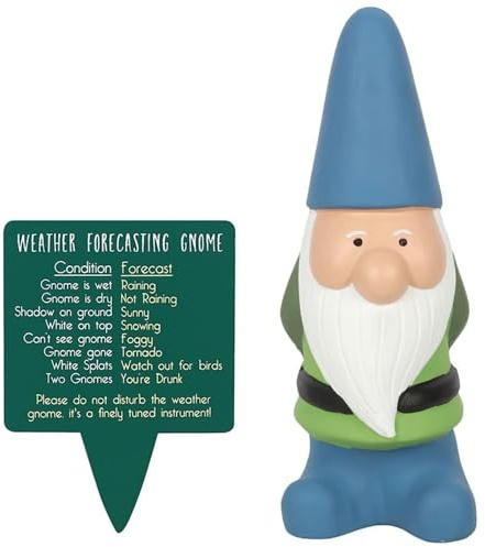 Grand nain de jardin humoristique multicolore de 25 cm avec panneau météo en bois - Prédicteur amusant de pluie, soleil, neige et brouillard - Décoration de jardin en plein air
