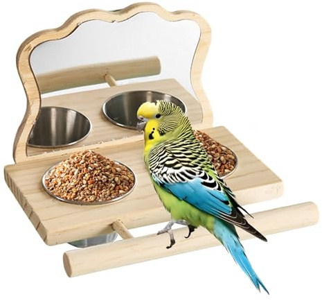 Vogelfutterstation mit Stange und Spiegel, Zubehör und Spielzeug für Vogelkäfig, Ständer für Untrennbare mit Spiegel und Schalen | für Wellensittiche, Papageien und Kanarienvögel