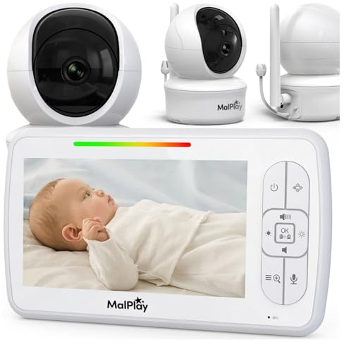 MalPlay Babyphone mit Kamera 5 Zoll ohne WLAN, drehbare Kamera, 300m Reichweite, Video Babyphone mit Nachtsicht, VOX-Modus, Zwei-Wege-Audio, 4X Zoom, Temperaturanzeige, NannyEye Vision