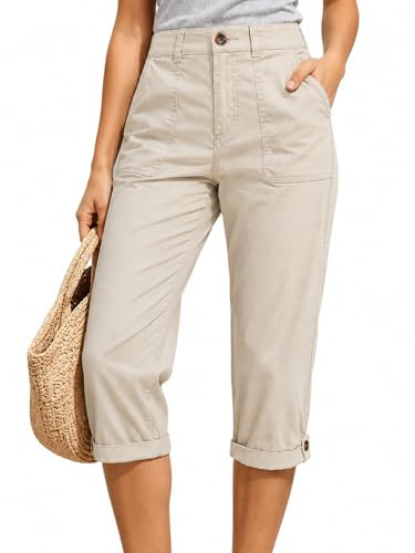 DVDVBOOM Cargo Capri Pants for Women Summer Capri Cropped Pants with Pockets High Waisted Button Straight Leg Casual Hiking Outdoors