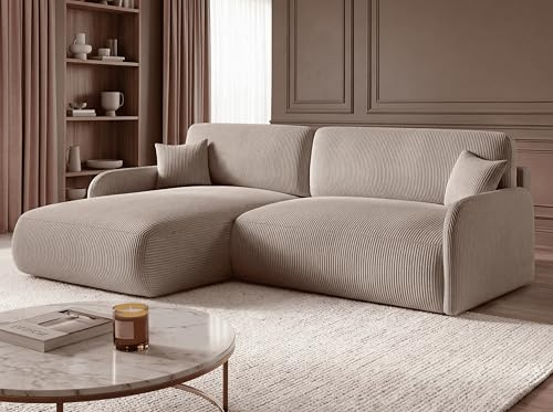 KP-Meble L-Form Ecksofa mit Schlaffunktion und Bettkasten 253x175 cm - Wohnlandschaft – Cord Sofa POSO – NIVO (POSSO 02, Links)