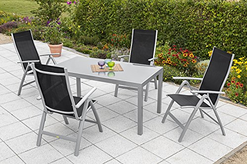 MERXX 5tlg. Carrara Set schwarz, 4 Carrara Klappsessel, 5-Fach verstellbar, 1 Tisch, 150 x 90 cm