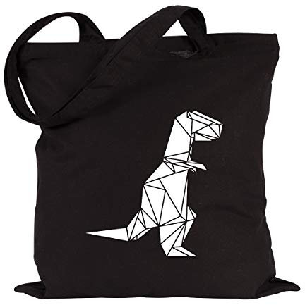 JUNIWORDS Jutebeutel - Wähle ein Motiv & Farbe - Origami T-Rex (Beutel: Schwarz, Motiv: Weiß)