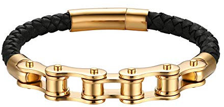 JewelryWe Schmuck Herren Lederarmband Edelstahl Fahrradkette Motorradkette Geflochten Kordelkette Leder Armband Armreif mit Magnetverschluss Gold Schwarz