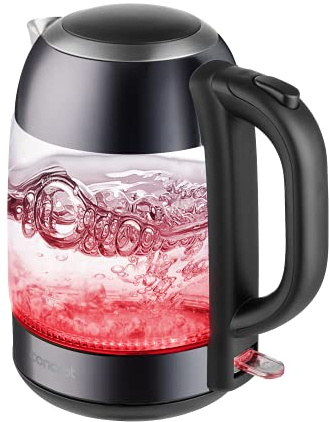 CONCEPT Hausgeräte RK4082 Glas Wasserkocher, Herausnehmbarer Anti-Kalk-Filter, 1,7 L, 2200 W, dunkler Edelstahl/Glas