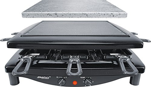 Steba Made in Germany Raclette, Wendbare emaillierte Gusseisen-Grillplatte + Natursteinplatte, 8 Spülmaschinengeeignete und emaillierte Pfännchen, Kabelaufwicklung