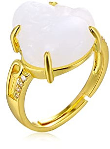 Gilieyer Lachender Buddha Ring, Vergoldetes Kupfer Modischer Zierlicher Grüner Jade Ring Zirkonia Edelstein Verstellbar Glücks Buddha Ring Schmuck für Damen und Herren (Weiß)