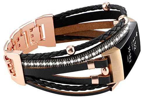 YONWORTH Posh Leather Band Compatible with Fitbit Charge 4 3 Bands, Women Boho Bracelets Wristbands Jewelry Multilayer Wrap Strap Replacement for 4/ 3/ 3SE Accessories (Black Rose Gold)
