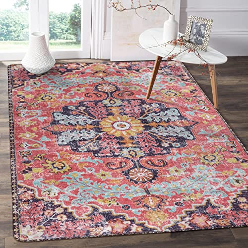 Lahome Bohemian Floral Medallion Area Rug - 3x5 Hot Pink Rug for Girls Room Front Entry Mat, Non-Slip Machine Washable Soft Throw Carpet for Bathroom Apartment Entrance Laundry, Fuchsia/Multi