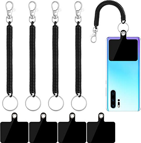 cobee Cordón retráctil para teléfono con Parche para protección contra caídas, 4 Paquetes de Correas elásticas universales con 4 Paquetes de Parches Negros para teléfono, Correas de muñeca anticaídas