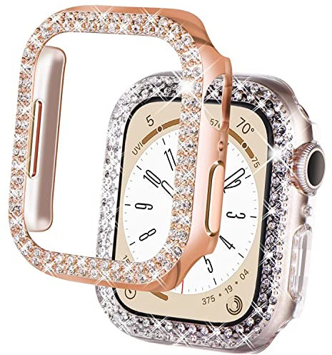DEALELE Confezione da 2 custodie compatibili con Apple Watch Series Ultra 2/Ultra (49 mm), con strass a doppia fila (49 mm, oro rosa + trasparente)
