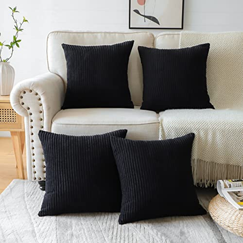 Sungeek 4er Set Kordsamt Kissenbezüge 45x45 cm, Dekorativ Zierkissenbezüge Weich Kissenbezug Dekokissen Sofakissen Couchkissen Deko Bezug Kissenhülle für Sofa Schlafzimmer Wohnzimmer (Schwarz)