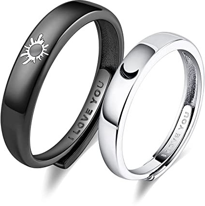 Beydodo Hocheitsringe Paar Silber 925, Sonne Mond Ringe Set mit Gravur I Love You Verlobungsringe Verstellbar für Paare Silber Schwarz