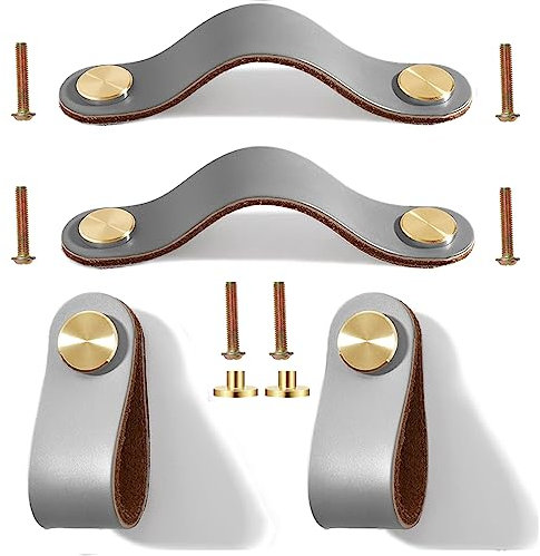 Yuaaoh Poignée Cuir Pour Meubles 4 Pièces Poignée de Tiroir en Cuir Poignées Cuir de Placard Boutons de Porte de Tiroir en Cuir Poignée en Cuir 13,8cm Gris