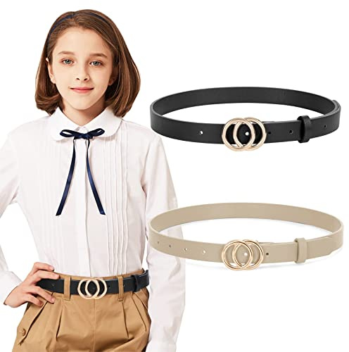 SUOSDEY 2 Stück Gürtel Mädchen Kinder Ledergürtel mit Doppel O-Ring Schnalle für Kleider Hosen Jeans