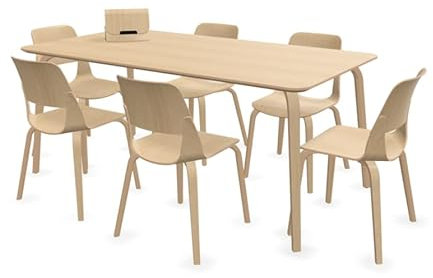 Plydesign Dining Set in European Oak, 1 Table 180 x 90 cm and 6 Chairs and 1 Paper Holder with Tablet Stand Minimalist Scandinavian Nordic Home Style Plywood Kitchen