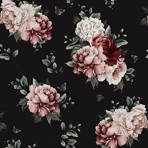Wallercity Vintage Floral Roses Wallpaper Boho Peel and Stick Wallpaper for Walls Black/Pink Rose Retro Floral Wallpapers Removable Contact Paper for Cabinets Shelf Liner Vinyl Waterproof 17.5 x 315