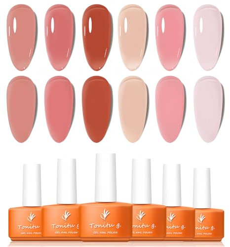 Tonitu G Jelly Gel Nail Polish Set 6 pcs Colors, Rose Coral Pink Salmon Pink Sienna Nude Peach Gel Nail Art Kit, UV LED Soak Off for Salon Manicure and Nail Art DIY at Home, for Gift