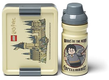 Room Copenhagen Lego Lunch Set - Harry Potter Hogwarts Design, 390ml Bottle & Lunch Box for Kids & Adults, Dishwasher Safe, Perfect for Meals on The Go, Beige & Grey
