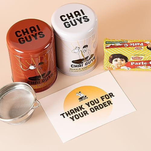 Chai Guys Loose Leaf Tea Bundle - Ultimate Starter Kit with Biscuits, Loose Leaf Tea Strainer, Kadak & Masala Chai - 200g Per Tin, Makes 56 Cups
