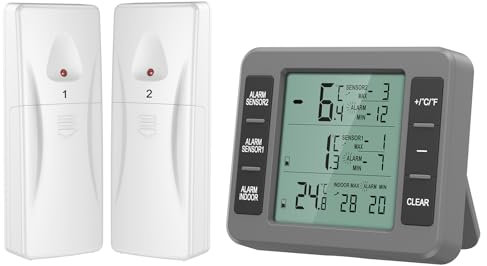 Ankilo Kühlschrankthermometer, Digital Thermometer mit 2 Sensoren,Gefrierschrank Thermometer kabellos mit LCD-Display,Temperatur Alarm,MIN/MAX,Temperatur Tester für Haus Grau