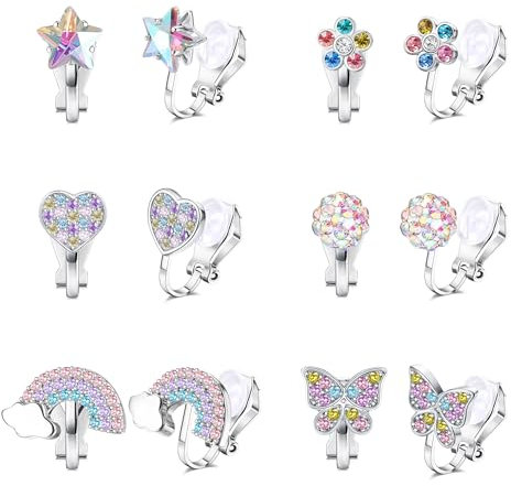 CASSIECA 6 Paar Hypoallergene Ohrclips für Mädchen Clip Ohrringe Kinder ohne Ohrloch Klipp Ohrringe in Herzform Blumenmuster und Schmetterlings