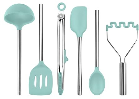 Tovolo Silicone Cooking Utensil Set of 6 Stainless Steel Handle Ladle Slotted Turner Tongs Flex Core Spatula Scraper Mixing Spoon & Masher, Dishwasher Safe BPA Free Utensils, Aqua Seafoam Green
