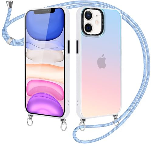 Xylota Funda con Cuerda para iPhone 11 6.1’’, Aurora Laser Silicona Cordon Carcasa, Ajustable Colgar Collar Correa de Cuello Cadena Colgante Protector Case para iPhone 11, Azul
